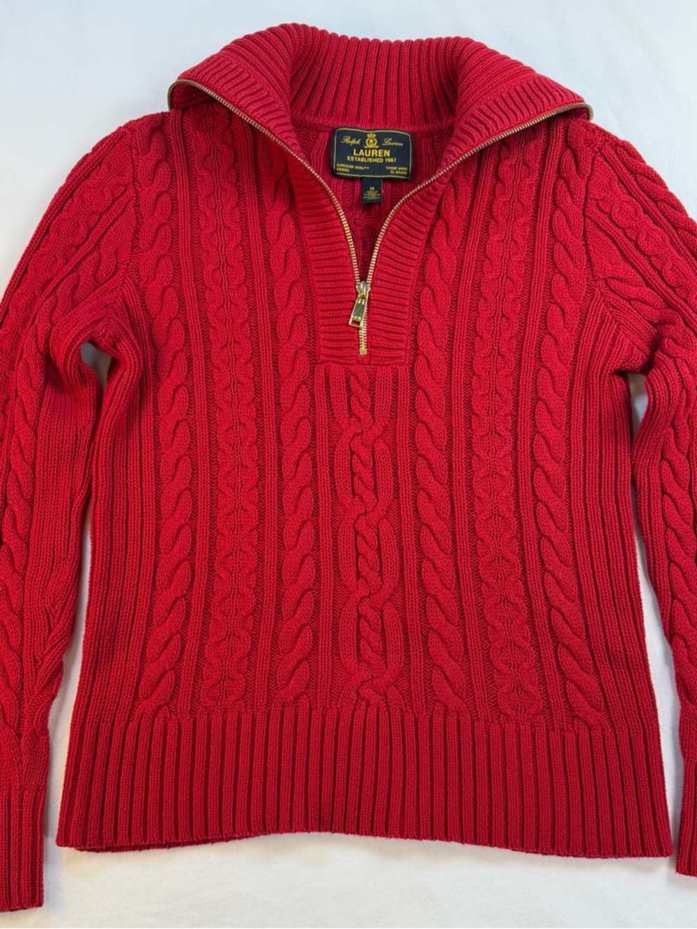Ralph Lauren Womens Red Cable-Knit 100% Cotton Quarter Zip Sweater